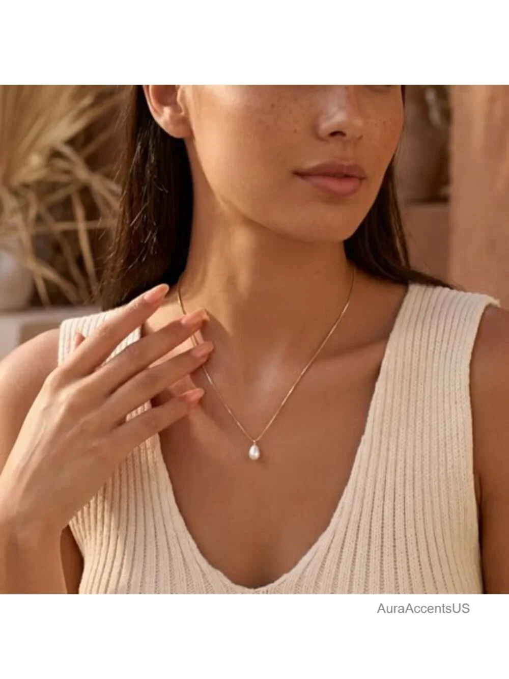 14K Gold Plated Freshwater Pearl Pendant Necklace for Women, Dainty Layered